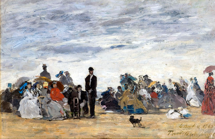 Eugène Boudin, La spiaggia di Trouville (1865; olio su cartone, 26,5 x 40,5 cm; Parigi, Musée d'Orsay) Eugène Boudin, La spiaggia di Trouville (1865; olio su cartone, 26,5 x 40,5 cm; Parigi, Musée d'Orsay)