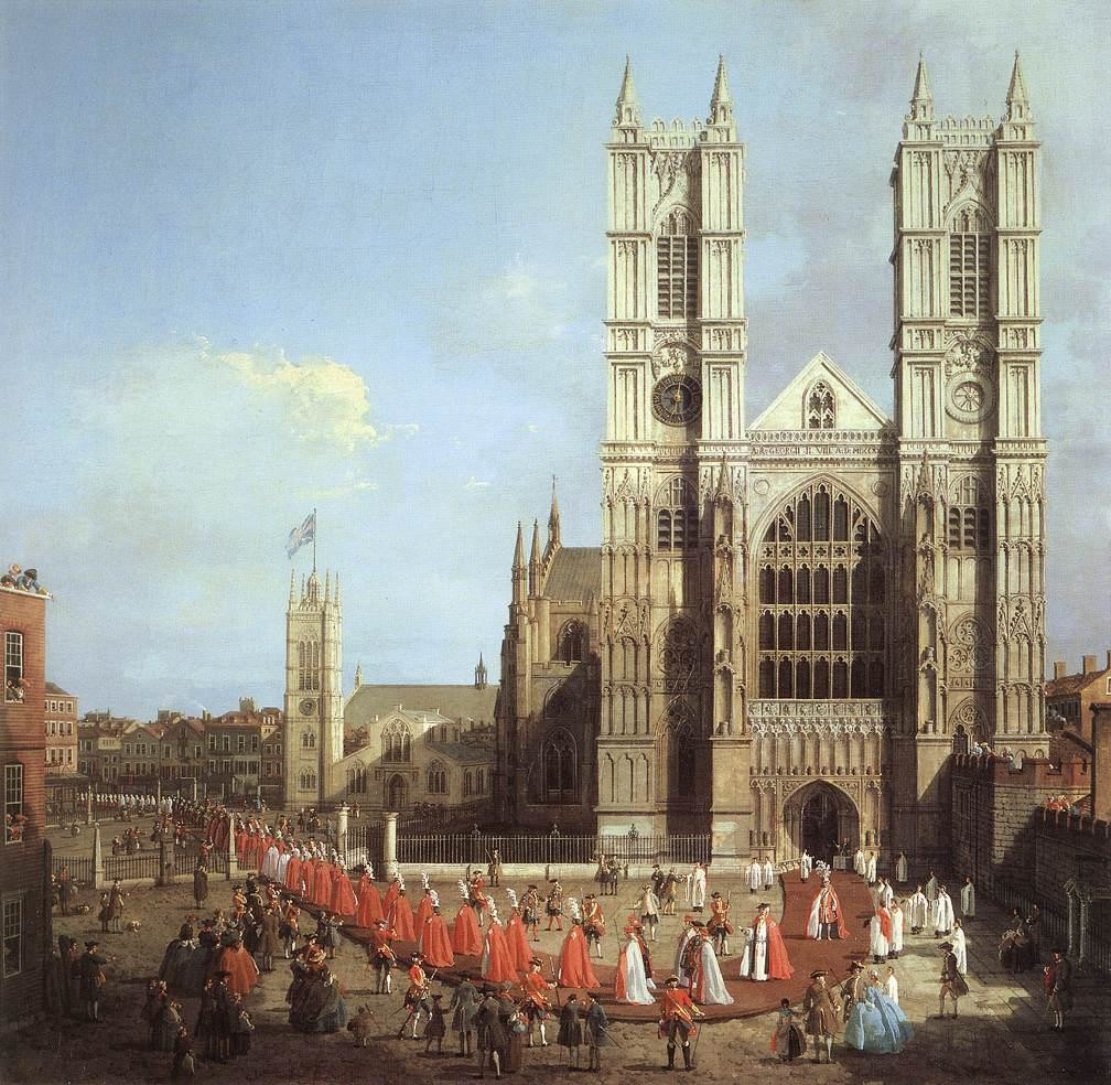 Canaletto, L’abbazia di Westminster con la processione dell’Ordine del Bagno (1749; olio su tela, 101,6 x 101,6 cm; Londra, Abbazia di Westminster)
