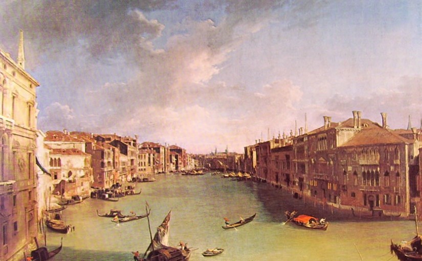 Canaletto, Canal Grande da Campo San Vio presso il ponte di Rialto (1723; olio su tela, 144 x 207 cm; Venezia, Ca' Rezzonico, Museo del Settecento Veneziano)
