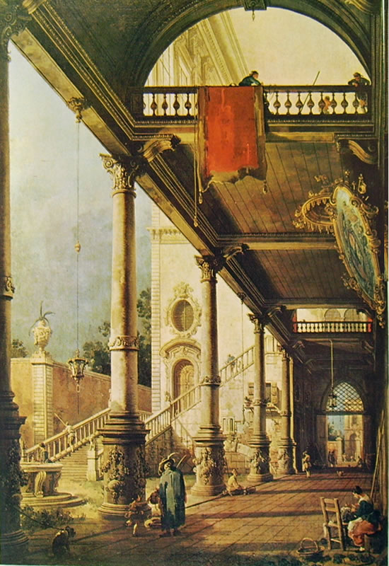 Canaletto, Capriccio con colonnato e cortile (1765; olio su tela, 131 x 93 cm; Venezia, Gallerie dell'Accademia)
