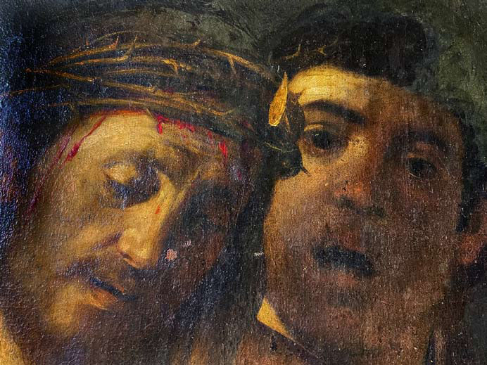 Caravaggio (attr.), Ecce Homo, dettaglio dei volti di Gesù e dello sgherro
