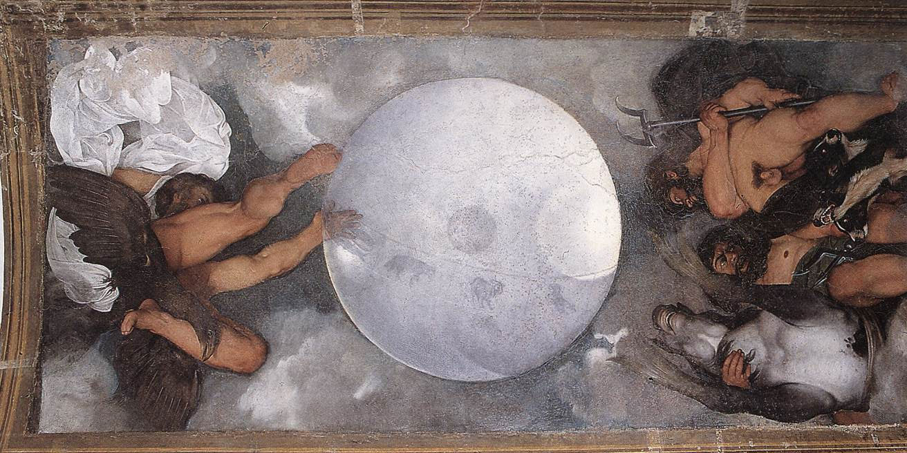 Caravaggio, Jupiter, Neptune and Pluto (1597; oil on ceiling, 316 x 152 cm; Rome, Casino dell'Aurora)