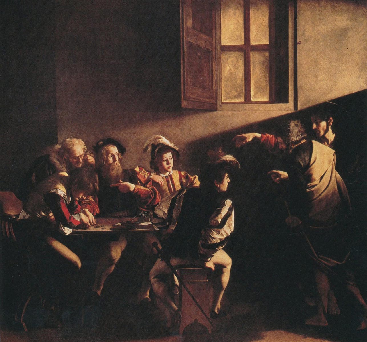 Caravaggio, Vocazione di san Matteo (1599-1610; olio su tela, 322 x 340 cm; Roma, Chiesa di San Luigi dei Francesi)
 Caravaggio, Vocazione di san Matteo (1599-1610; olio su tela, 322 x 340 cm; Roma, Chiesa di San Luigi dei Francesi)