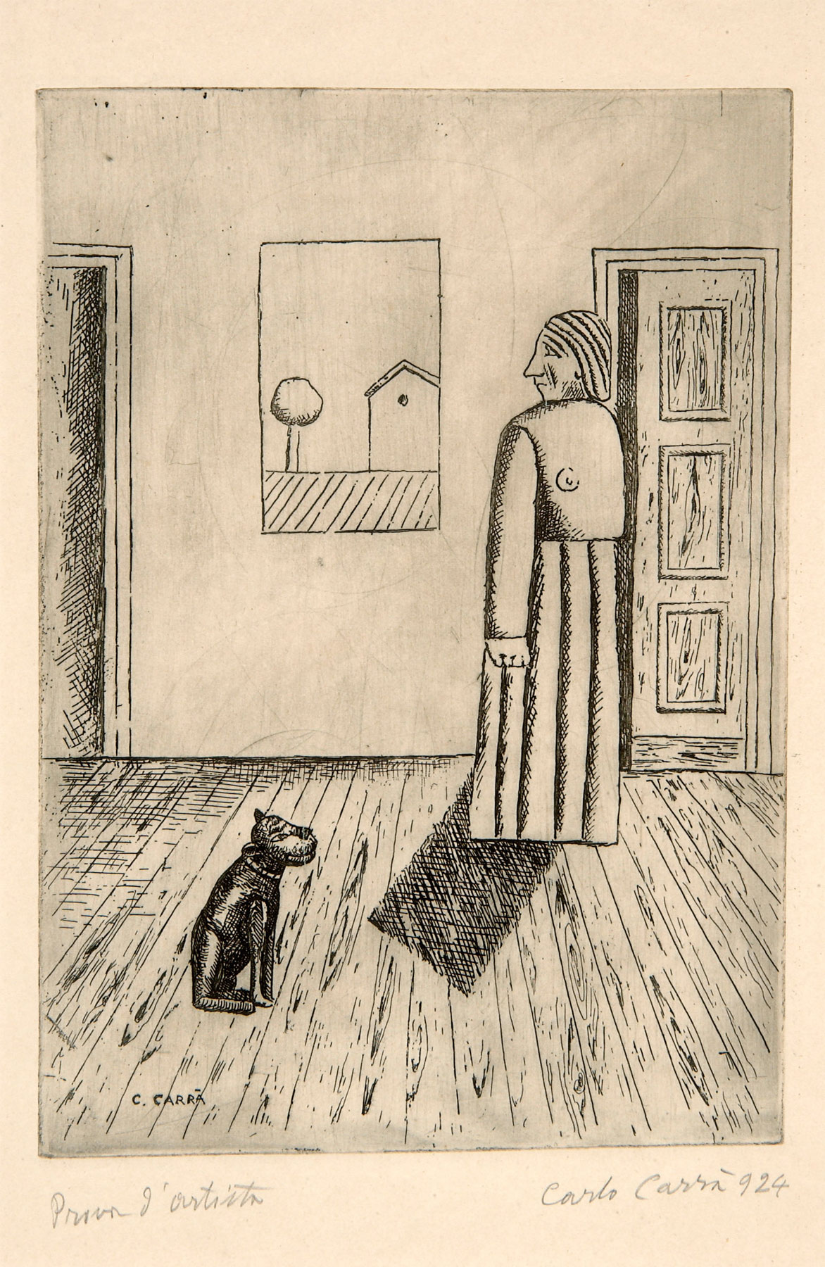 Carlo Carrà, La casa dell’amore II o Interno o La massaia (1924; acquaforte su rame, 30,4 x 21,8 cm)
