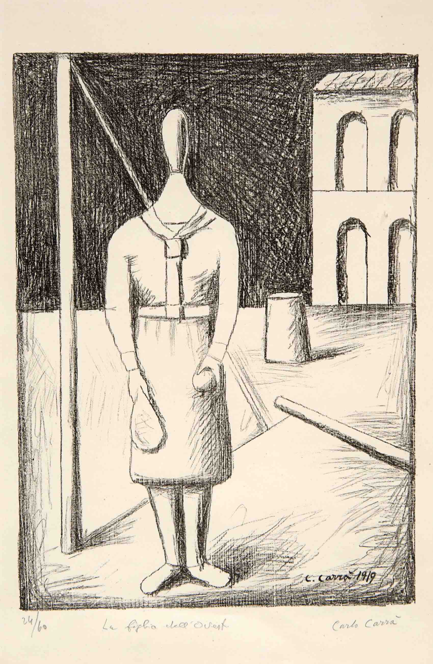 Carlo Carrà, La figlia dell’Ovest o La fanciulla dell’Ovest (1919-1949; litografia su zinco, 35,9 x 25,8 cm)

