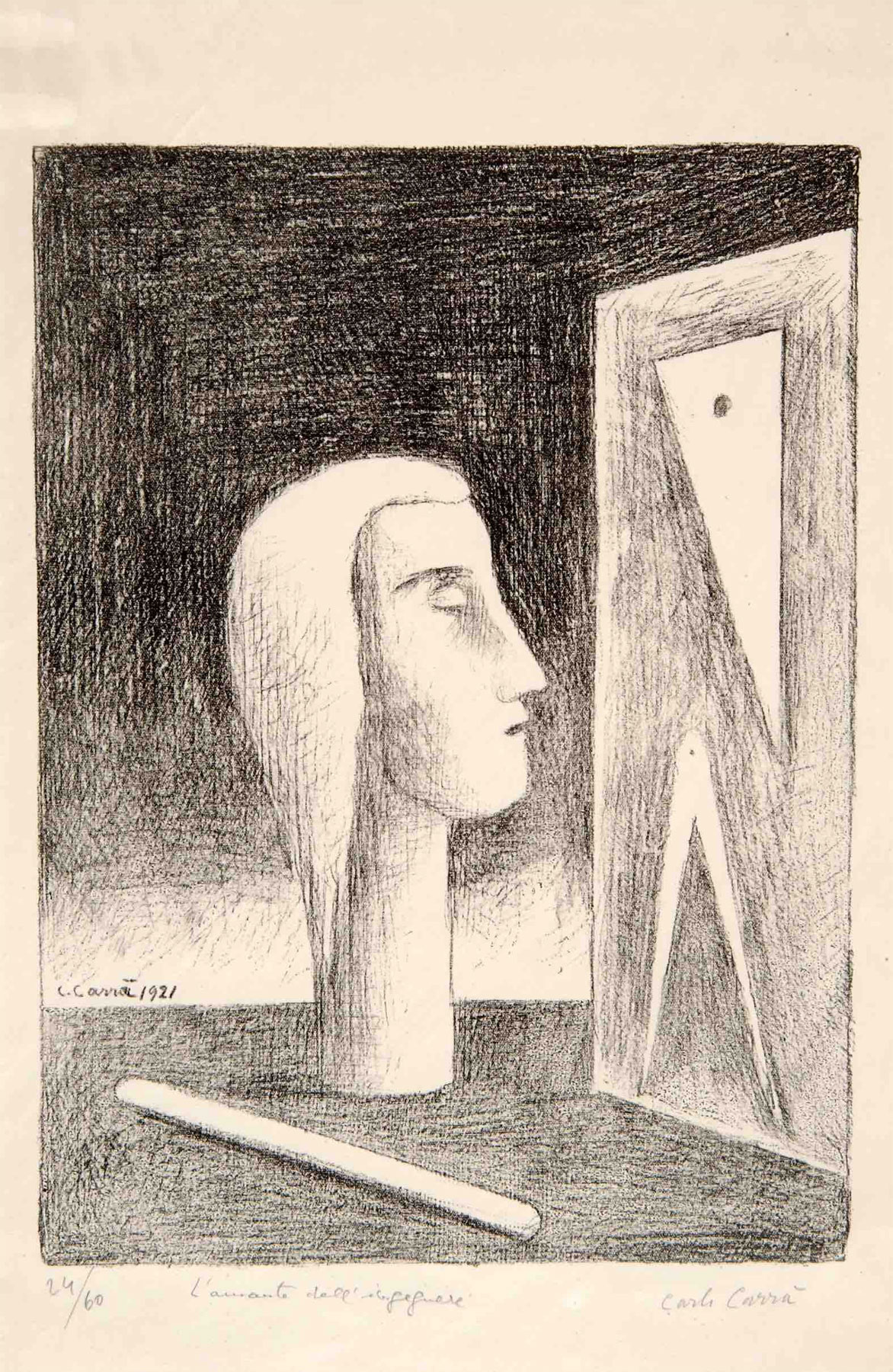 Carlo Carrà, L’amante dell’ingegnere (1921-1949; litografia su zinco, 35,8 x 26 cm)
