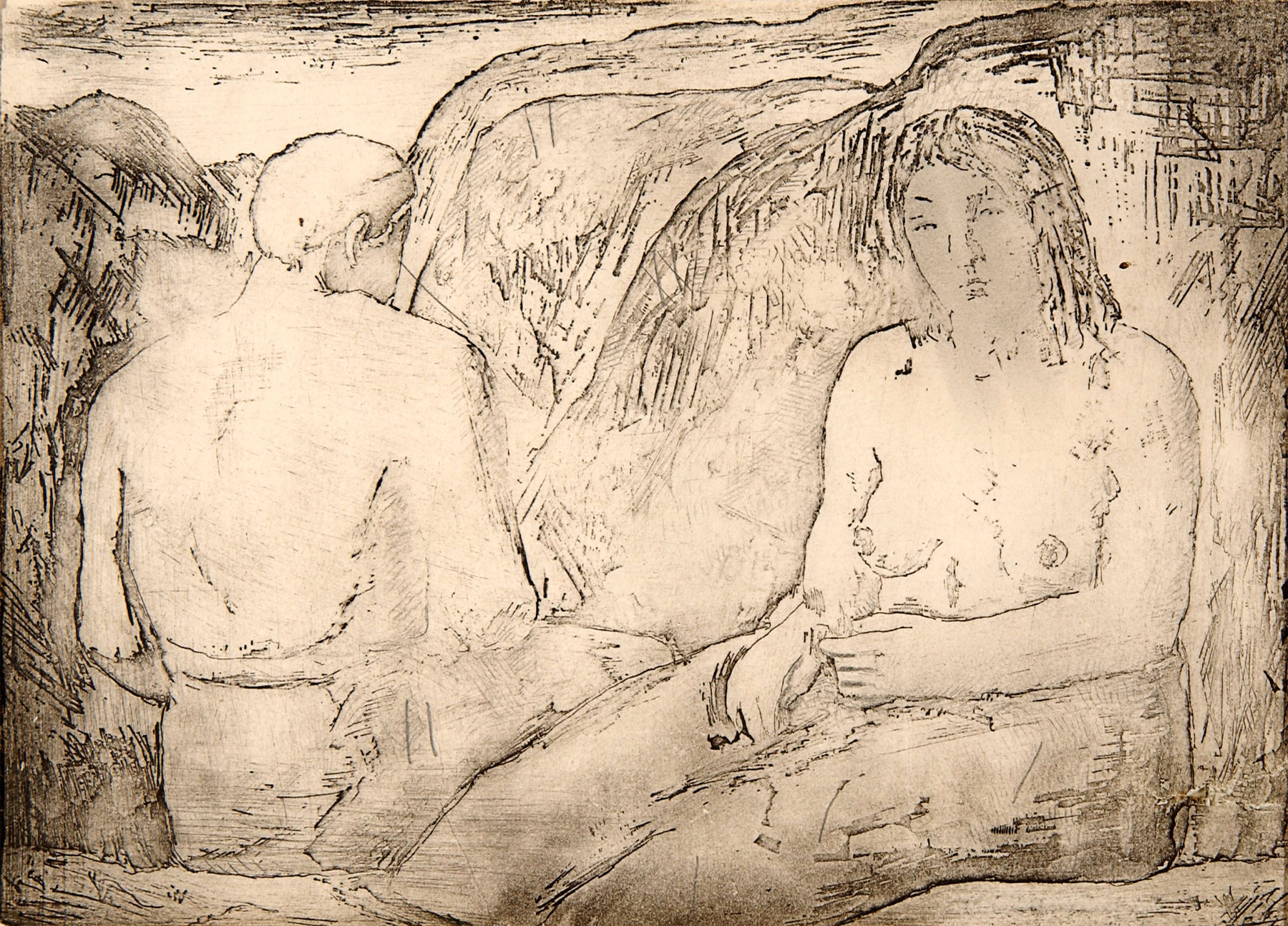 Carlo Carrà, Gli amanti (1927; acquaforte–acquatinta su rame, 24,7 x 33,9 cm)
