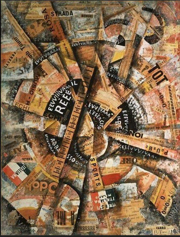 Carlo Carrà, Manifestazione interventista (1914; tempera, penna, polvere di mica e carta su cartoncino, 38,5 x 30 cm; Collezione Mattioli, in deposito a Venezia, Collezione Peggy Guggenheim)
