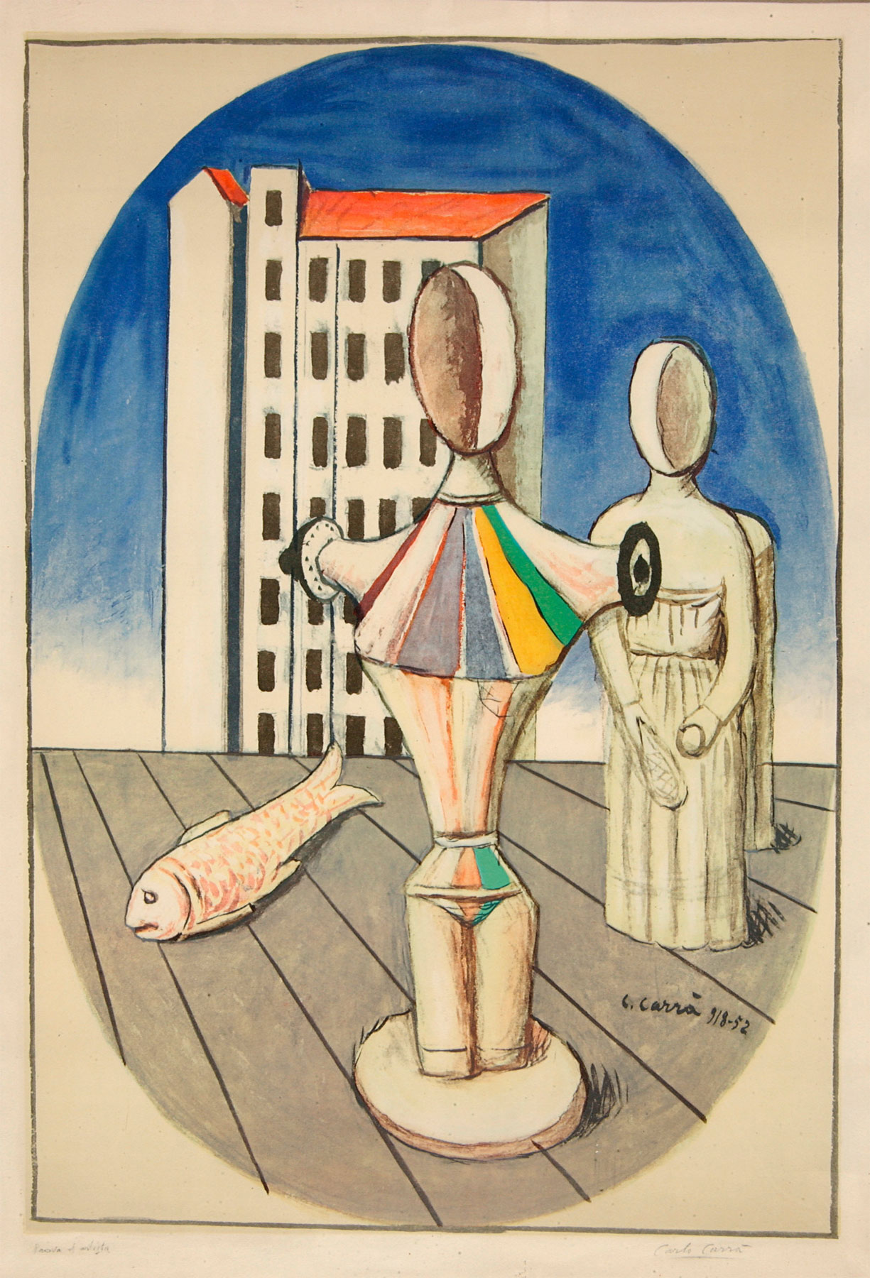 Carlo Carrà, L’ovale delle apparizioni (1918-1952; litografia a sei colori su zinco, 68 x 46,8 cm)
