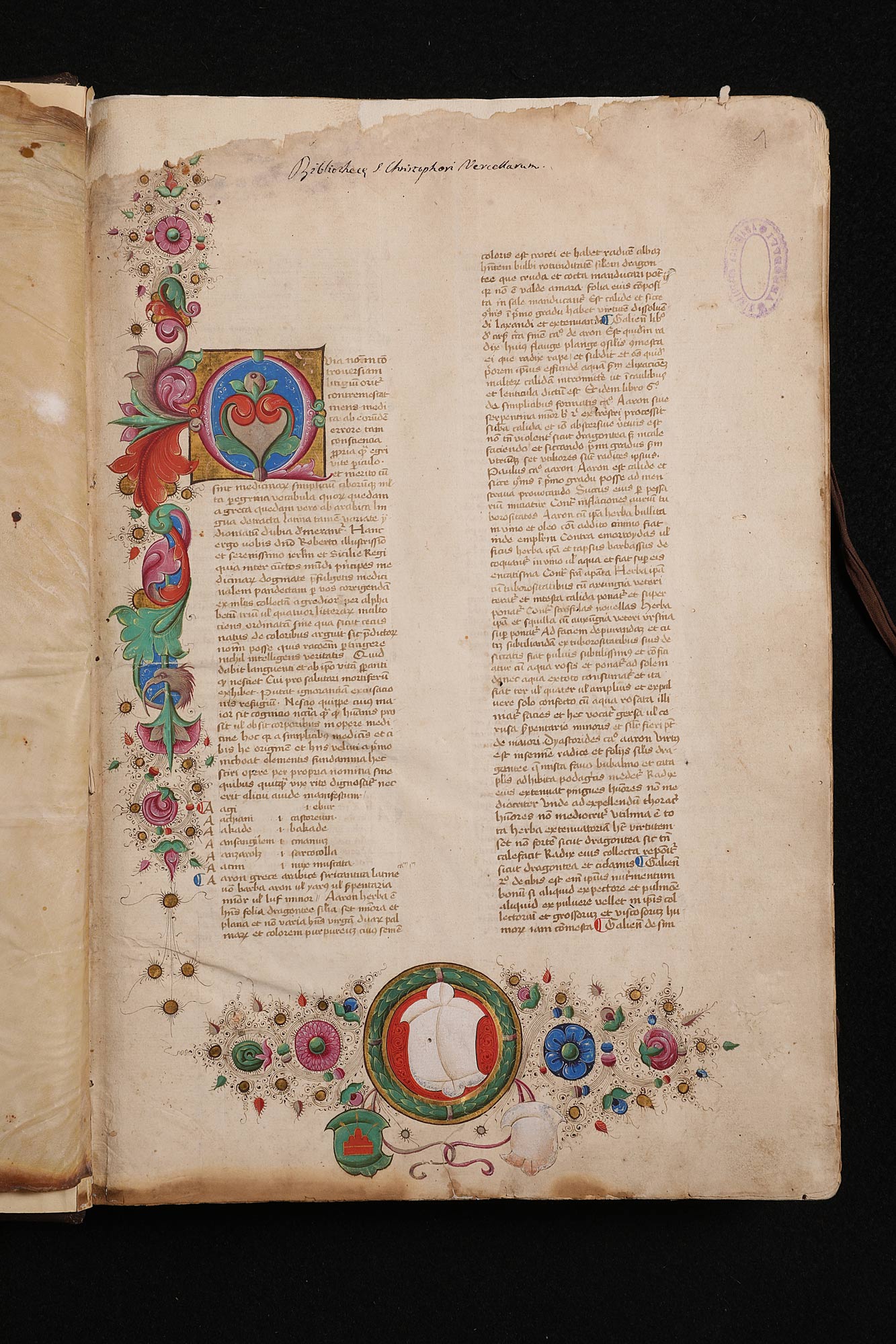 Vercelli, Biblioteca Agnesiana, codice cartaceo, in lingua latina, in scrittura gotica libraria, databile agli anni 50-60 del sec. XV. Contiene l’intero Liber pandectarum medicinae, noto anche come Medicinalis pandecta, scritto da Matteo Silvatico, medico salernitano vissuto tra il 1280 e il 1342 e proprietario di un giardino in cui coltivava le piante medicinali.
 Vercelli, Biblioteca Agnesiana, codice cartaceo, in lingua latina, in scrittura gotica libraria, databile agli anni 50-60 del sec. XV. Contiene l’intero Liber pandectarum medicinae, noto anche come Medicinalis pandecta, scritto da Matteo Silvatico, medico salernitano vissuto tra il 1280 e il 1342 e proprietario di un giardino in cui coltivava le piante medicinali.