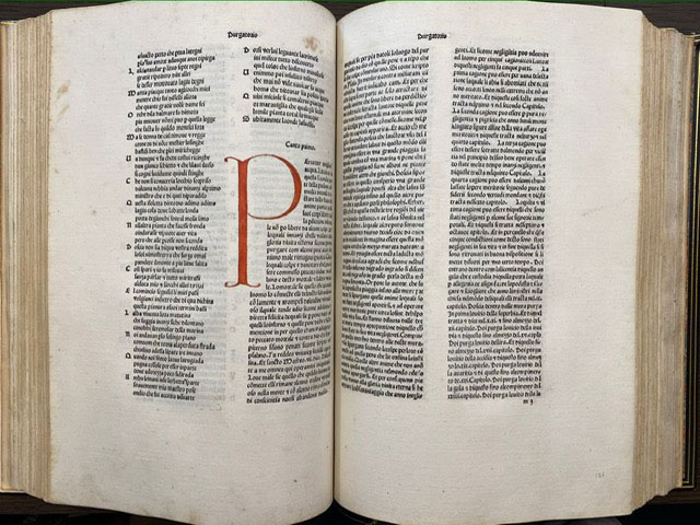 Commedia con il commento di Iacomo della Lana, e le correzioni di Cristoforo Berardi (Venezia, Vindelino da Spira, 1477; in-folio, 320x215 mm). Presentato da Il Cartiglio
