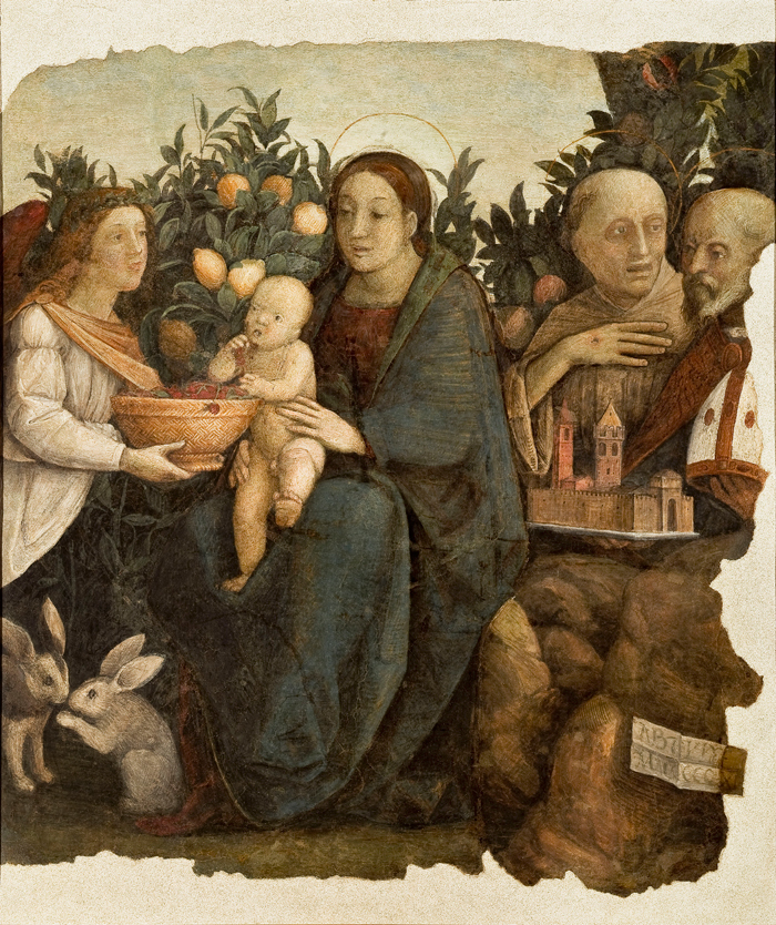 Correggio, Madonna col Bambino tra i santi Quirino e Francesco (1505 circa; affresco staccato, 94,5 x 111,5 cm; Modena, Galleria Estense)
