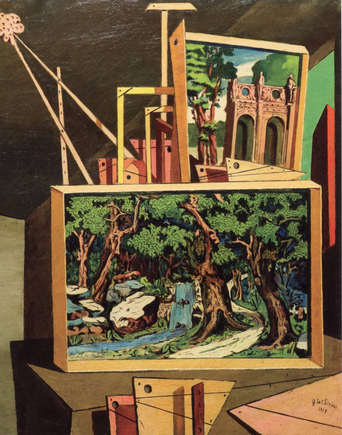 Giorgio de Chirico, Interno metafisico (con alberi e cascata) (1918; olio su tela; Torino, Caterina Bottari Lattes)
 Giorgio de Chirico, Interno metafisico (con alberi e cascata) (1918; olio su tela; Torino, Caterina Bottari Lattes)
