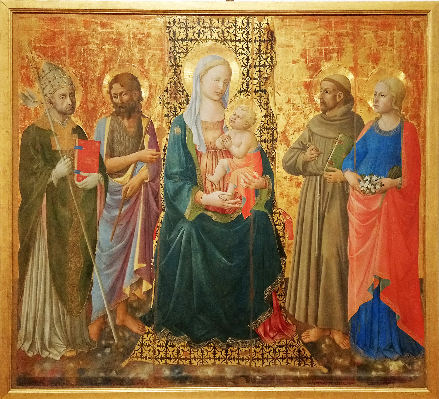 Domenico di Michelino, Madonna and Child with Saints Gregory the Great, John the Baptist, Francis and Fina (1463-1465; tempera on panel; San Gimignano, Civic Museums, Pinacoteca)