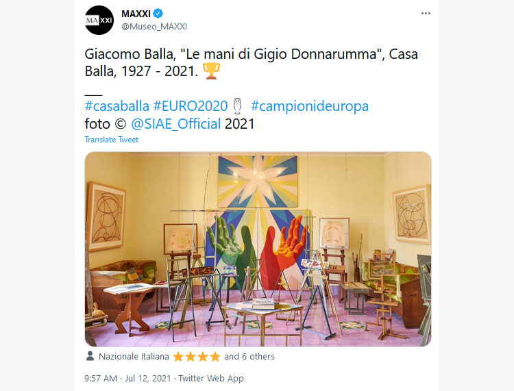 Il MAXXI di Roma omaggia, con un famosissimo dipinto di Giacomo Balla, le mani di Donnarumma che è stato determinante per la conquista del titolo
