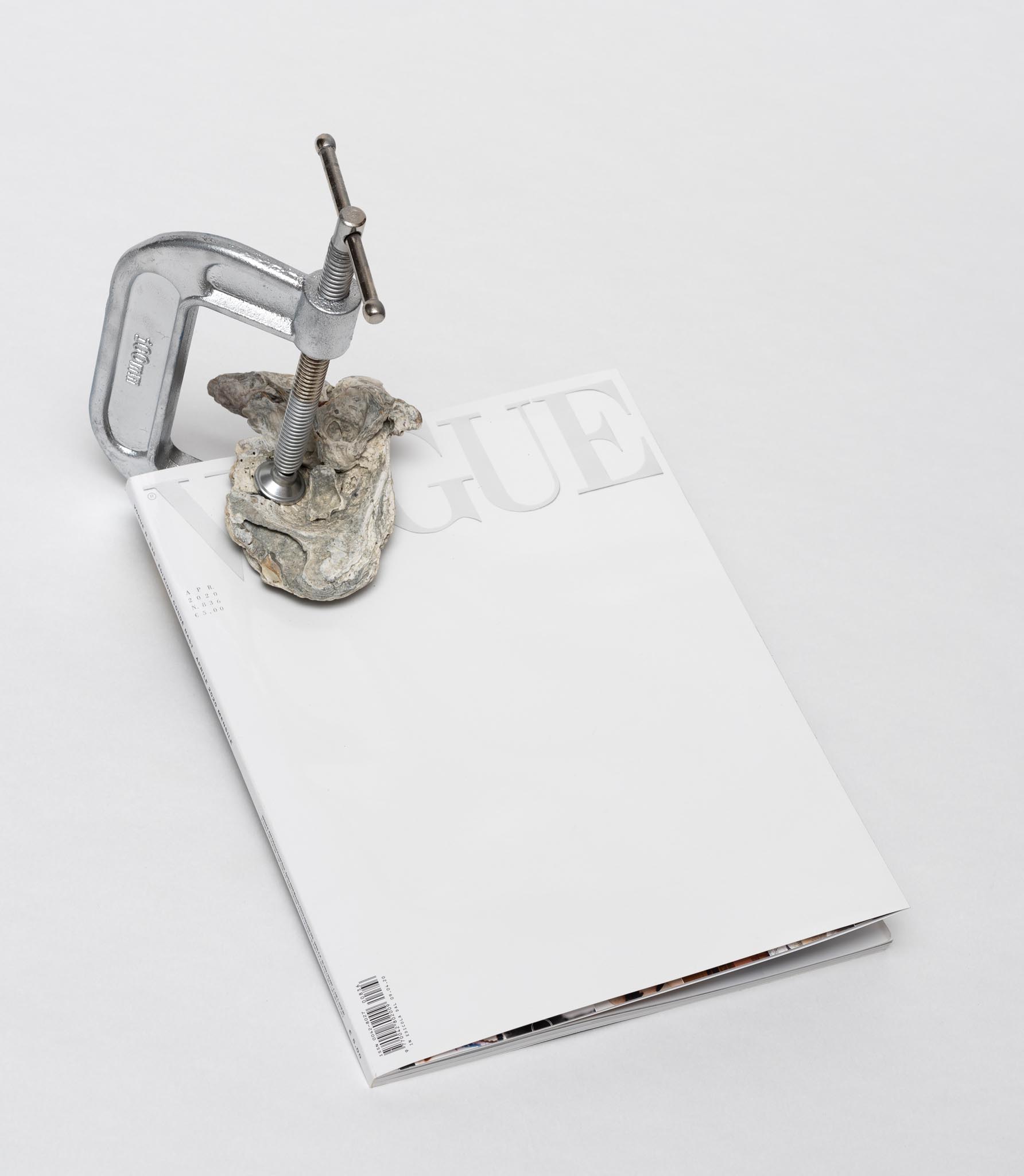 Federica Di Carlo, Je suis la Vague (2020; conchiglia fossile francese, morsa in ferro argentata su Vogue). Courtesy l'artista. Foto di Giorgio Benni
 Federica Di Carlo, Je suis la Vague (2020; conchiglia fossile francese, morsa in ferro argentata su Vogue). Courtesy l'artista. Foto di Giorgio Benni