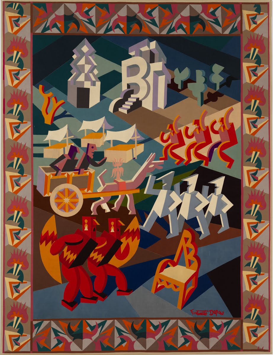 Fortunato Depero, Festa della sedia (1927; tarsia in panni, 259,5 x 340 cm; Rovereto, Mart - Museo d’Arte Moderna e Contemporanea)

