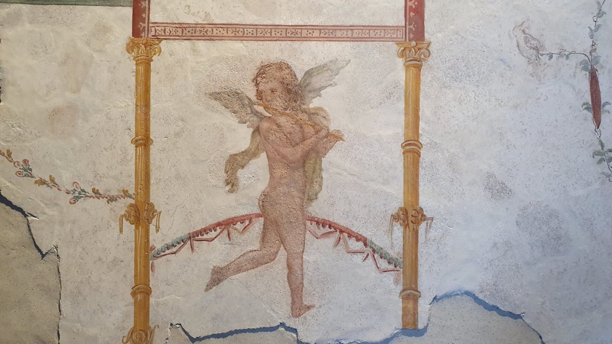Frammento di affresco con padiglione coronato da elementi vegetali e tetto a doppia falda decorato da grifi; al centro del padiglione amorino nudo in atto di suonare il flauto traverso. Probabile provenienza dall’ambiente 12 di Villa Arianna
