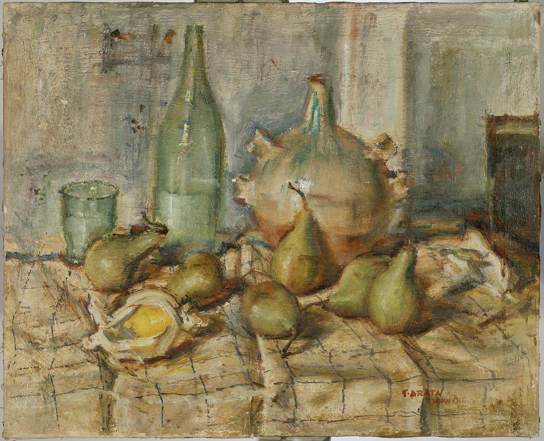 Francesco Arata, Natura morta con pere, bottiglia e brocca (1947; olio su tela, 65 x 80 cm; Fondazione Arata)
 Francesco Arata, Natura morta con pere, bottiglia e brocca (1947; olio su tela, 65 x 80 cm; Fondazione Arata)