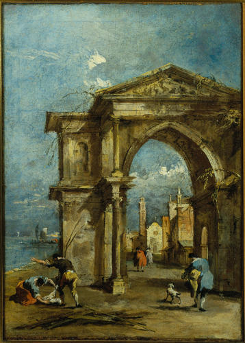 Francesco Guardi, Capriccio con arco di trionfo e figure umane (1770-1775 circa; olio su tela, 39 x 26 cm; Bergamo, Accademia Carrara)
