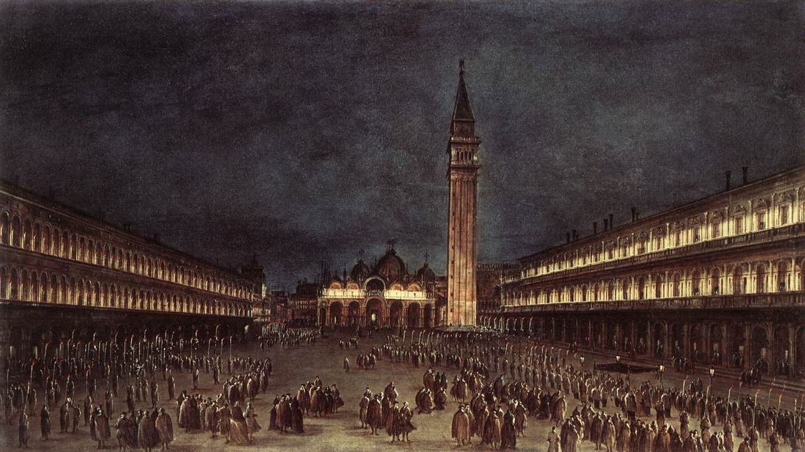 Francesco Guardi, Processione notturna in piazza San Marco (1758; olio su tela, 48 x 85 cm; Oxford, Ashmolean Museum)
