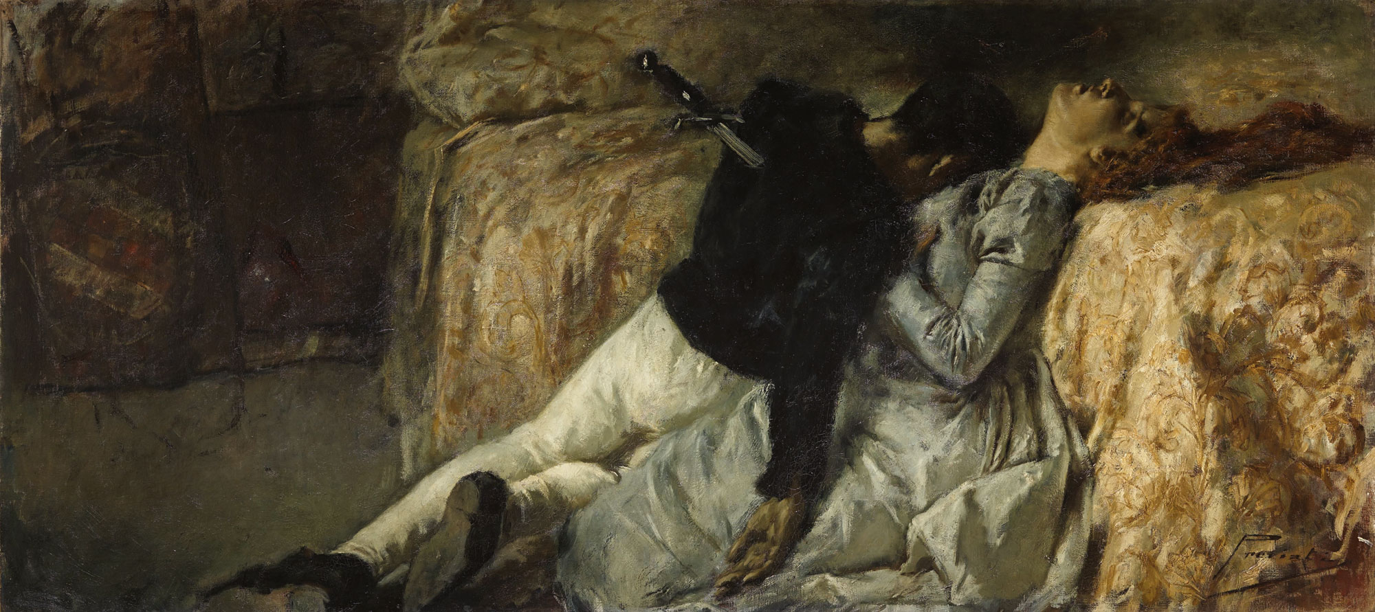 Gaetano Previati, Paolo e Francesca (1887 circa; olio su tela, 98 × 227 cm; Bergamo, Accademia Carrara, inv. 58AC00732)
