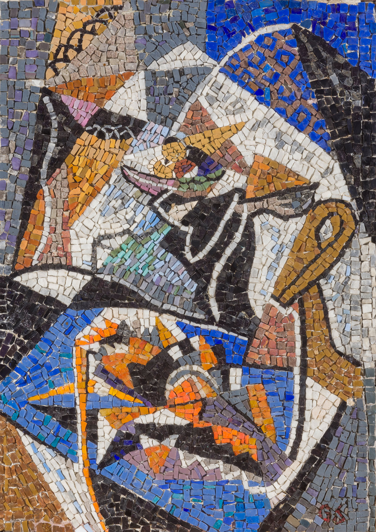 Gino Severini, Nature morte au homard sur plat bleu (1950 circa; mosaico su cemento, 45 x 33 cm). Presentato da 800/900 Art Studio
