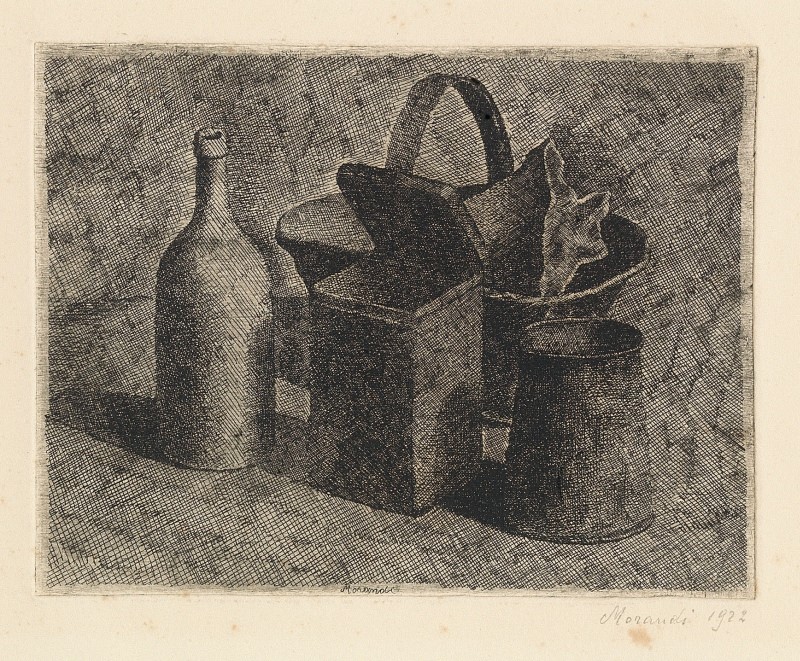 Giorgio Morandi, Natura morta con cestino di pane (1921; acquaforte su rame, 325 x 463 mm)
