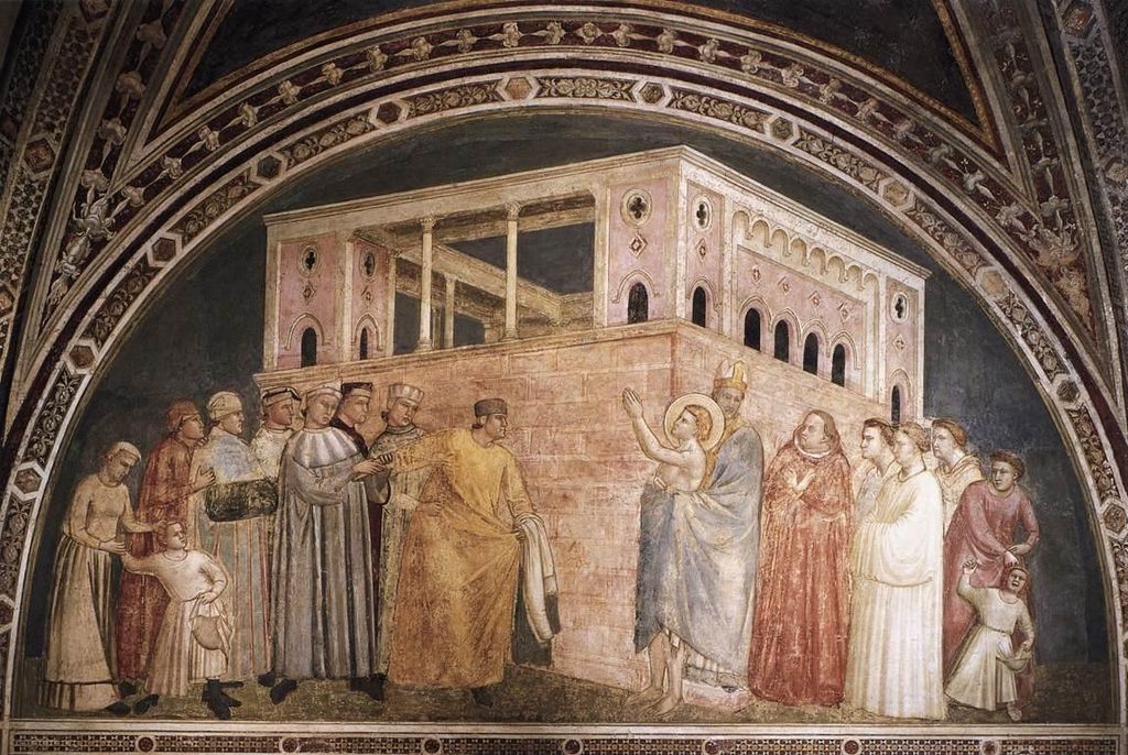 Giotto, La rinuncia ai beni (1325 circa; affresco; Firenze, Basilica di Santa Croce)

