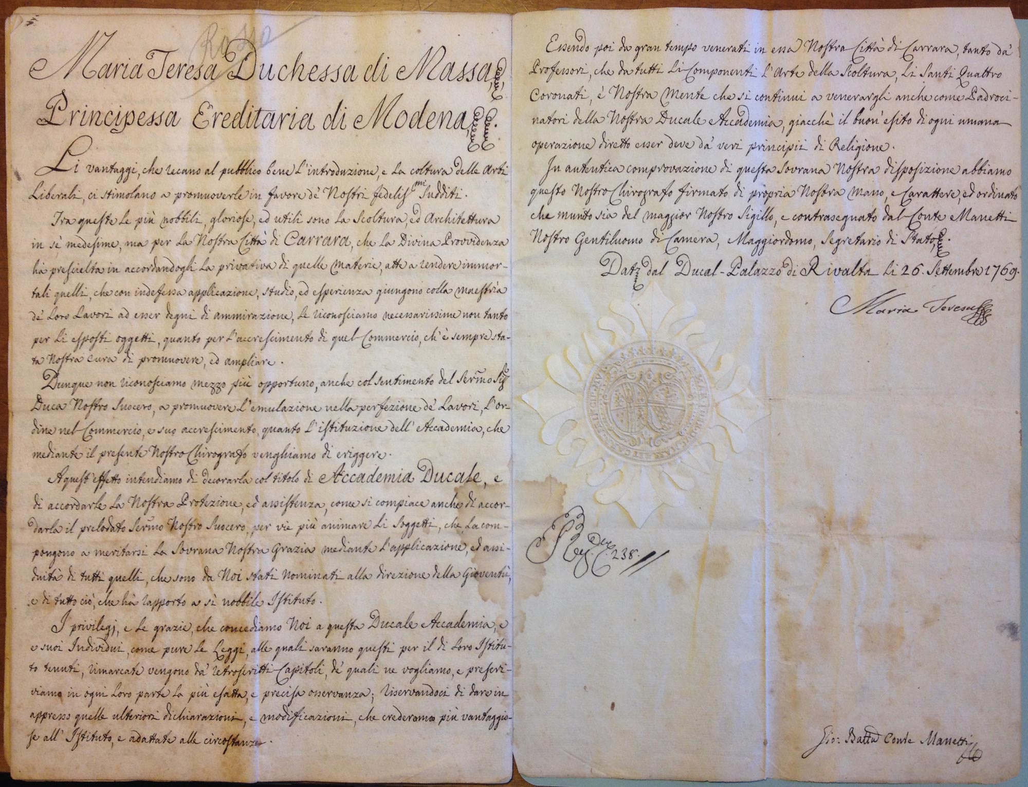 Chirografo di fondazione dell’Accademia di Belle Arti di Carrara (26 novembre 1769; inchiostro su carta preparata a mano, 32,5 x 21,5 cm; Carrara, Accademia di Belle Arti, Fondo Antico)
 Chirografo di fondazione dell’Accademia di Belle Arti di Carrara (26 novembre 1769; inchiostro su carta preparata a mano, 32,5 x 21,5 cm; Carrara, Accademia di Belle Arti, Fondo Antico)