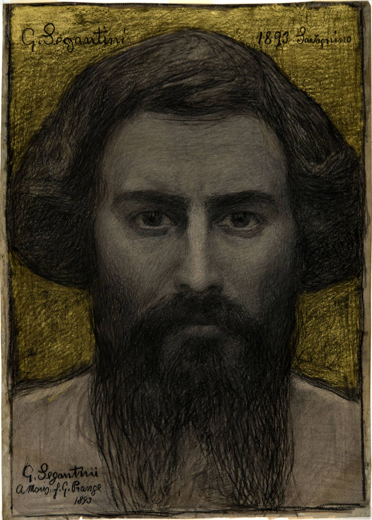 Giovanni Segantini, Autoritratto (1893; matita Conté su carta grigia, 35,5 x 25 cm; Otto Fischbacher Giovanni Segantini Stiftung, in deposito presso il Museo Segantini di St. Moritz)
