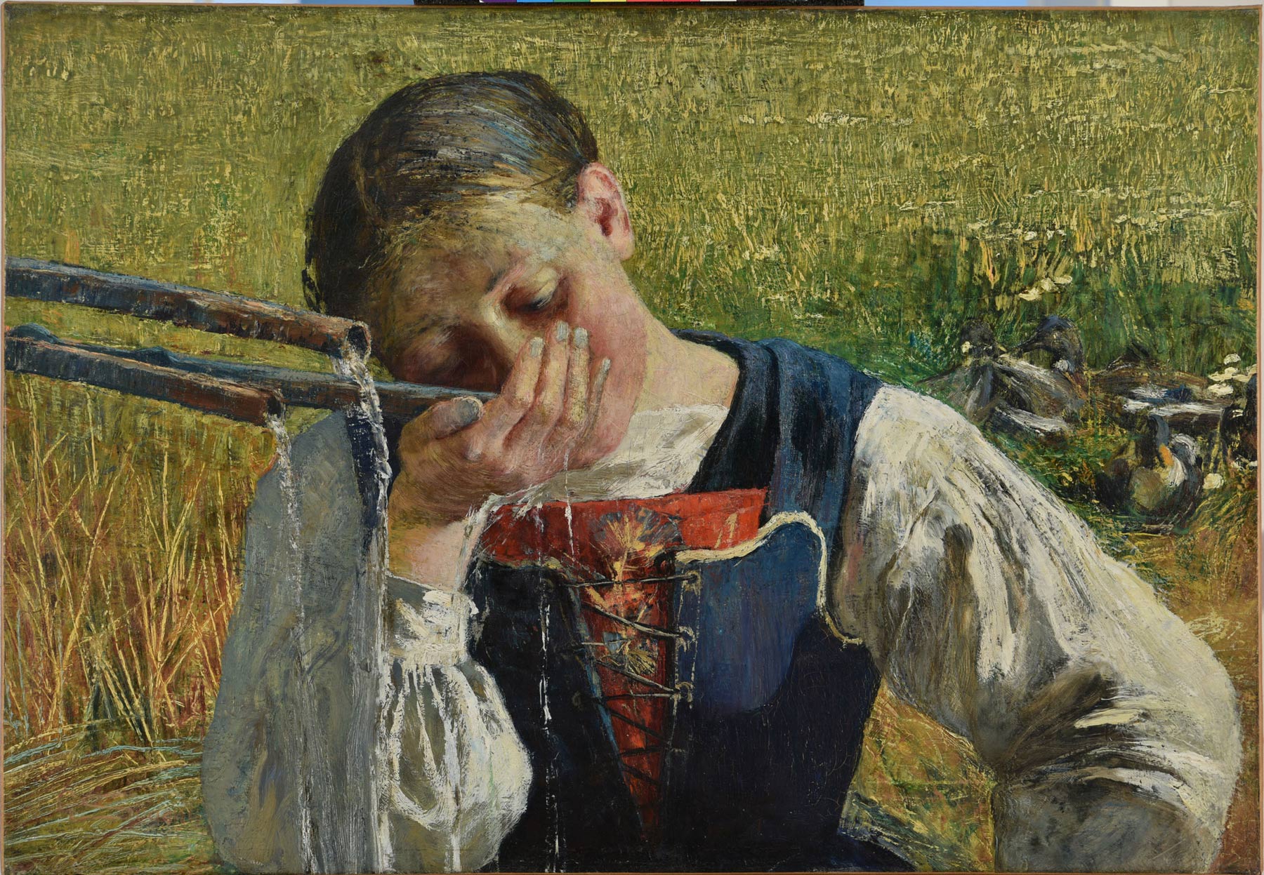 Giovanni Segantini, Costume grigionese (1887; olio su tela, 54,5 x 78,5 cm; Otto Fischbacher Giovanni Segantini Stiftung, in deposito presso il Museo Segantini di St. Moritz)
