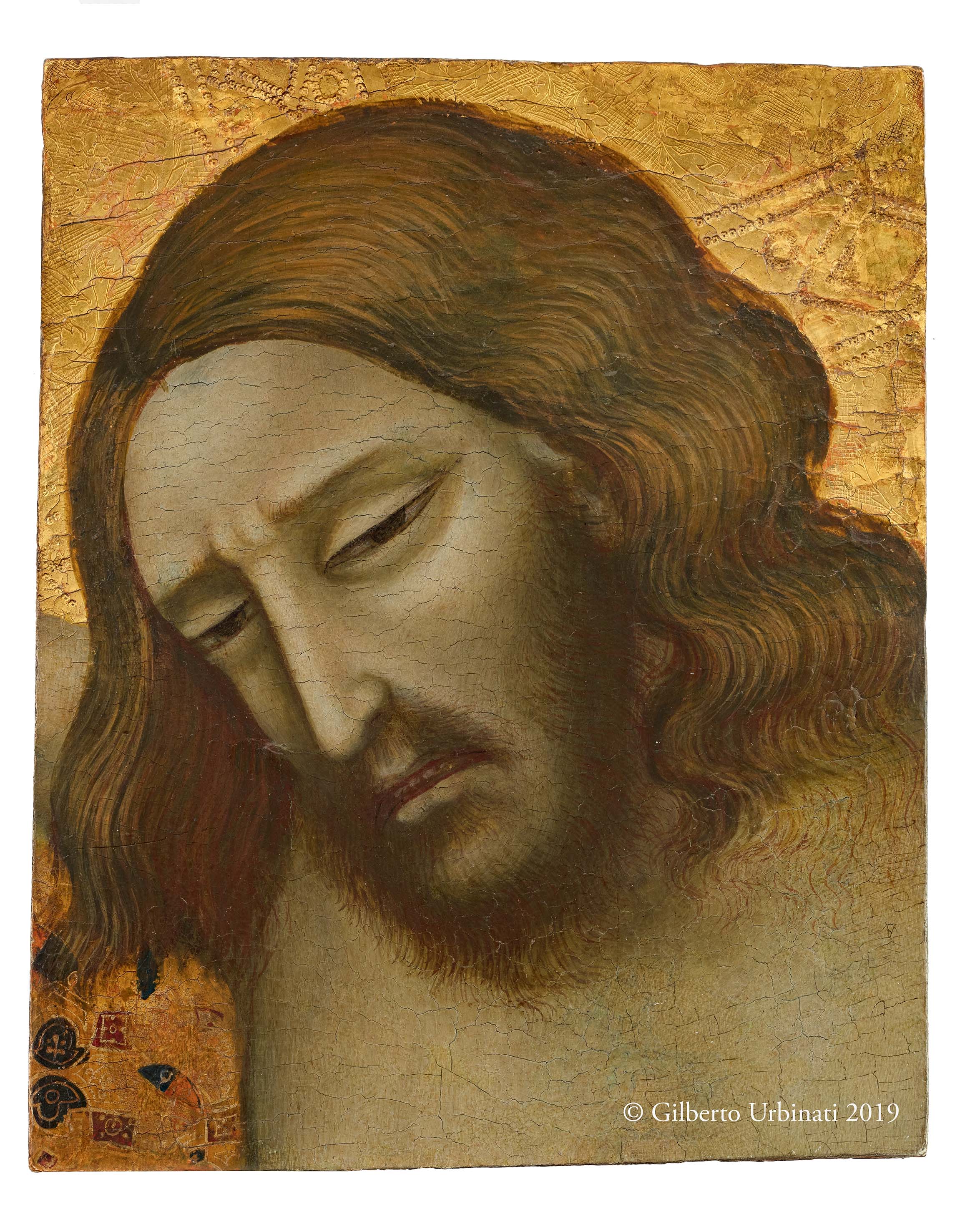 Giuliano da Rimini, Testa di Cristo crocifisso (1320 circa; tempera e oro su tavola, 30 x 20 cm; Rimini, Fondazione Cassa di Risparmio, in deposito ai Musei Comunali)
