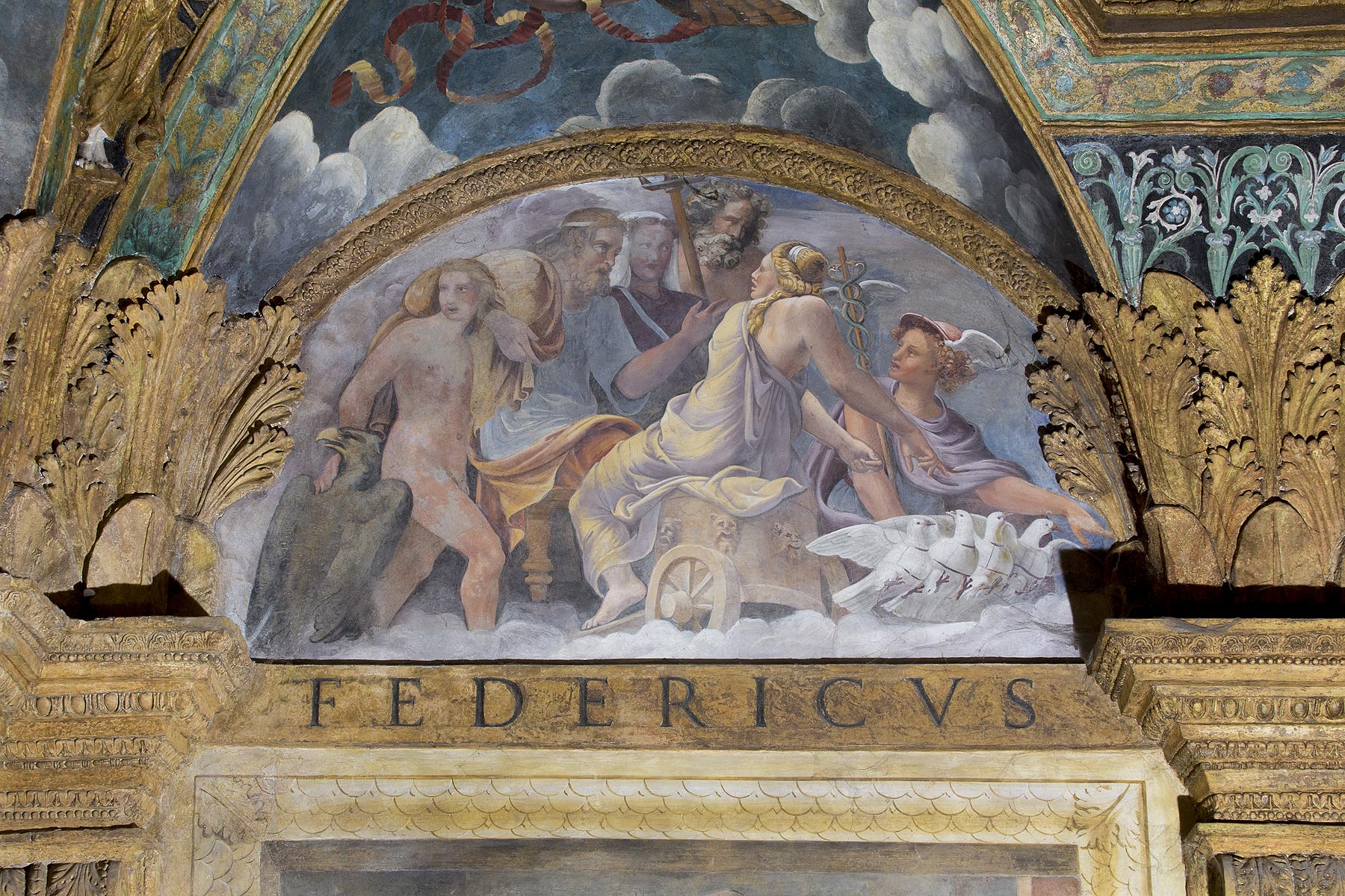 Giulio Romano e allievi, Venere ottiene da Giove la disponibilità di Mercurio (1527; affresco; Mantova, Palazzo Te, Camera di Amore e Psiche). Foto: Gian Maria Pontiroli © Fondazione Palazzo Te
 Giulio Romano e allievi, Venere ottiene da Giove la disponibilità di Mercurio (1527; affresco; Mantova, Palazzo Te, Camera di Amore e Psiche). Foto: Gian Maria Pontiroli © Fondazione Palazzo Te