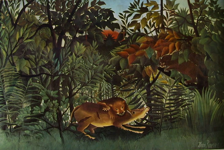 Henri Rousseau, Antilope assalita da un leone (1905; olio su tela, 200 x 300 cm; Svizzera, Collezione privata)
