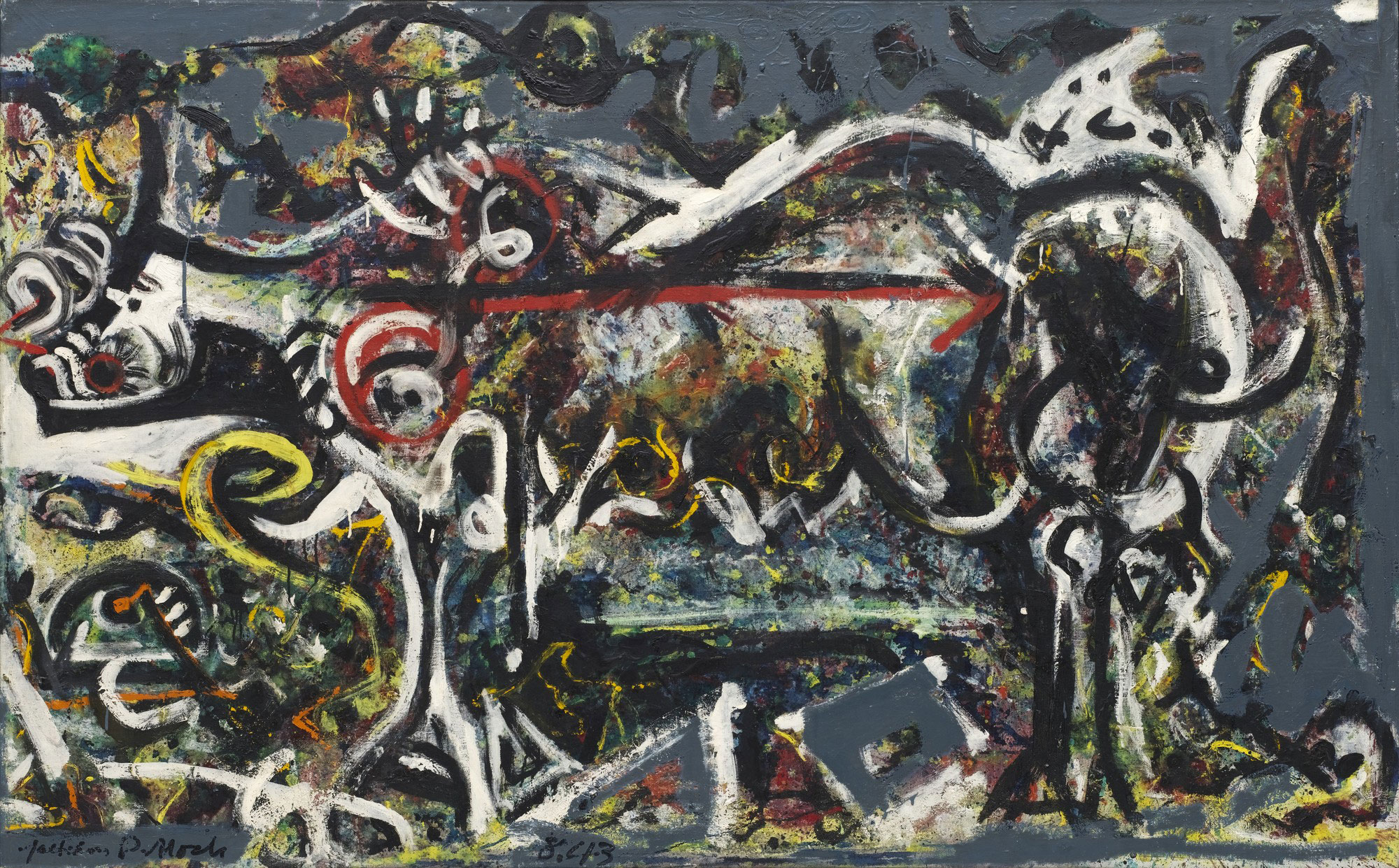 Jackson Pollock, The She-Wolf (1943; olio, gouache e gesso su tela, 106,4 x 170,2 cm; New York, MoMA)
