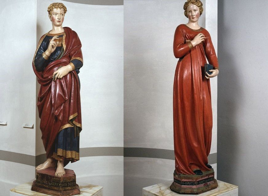 Jacopo della Quercia, Ángel anunciador y Virgen anunciada (1421-1426; madera pintada y tallada; San Gimignano, Colegiata de Santa Maria Assunta)