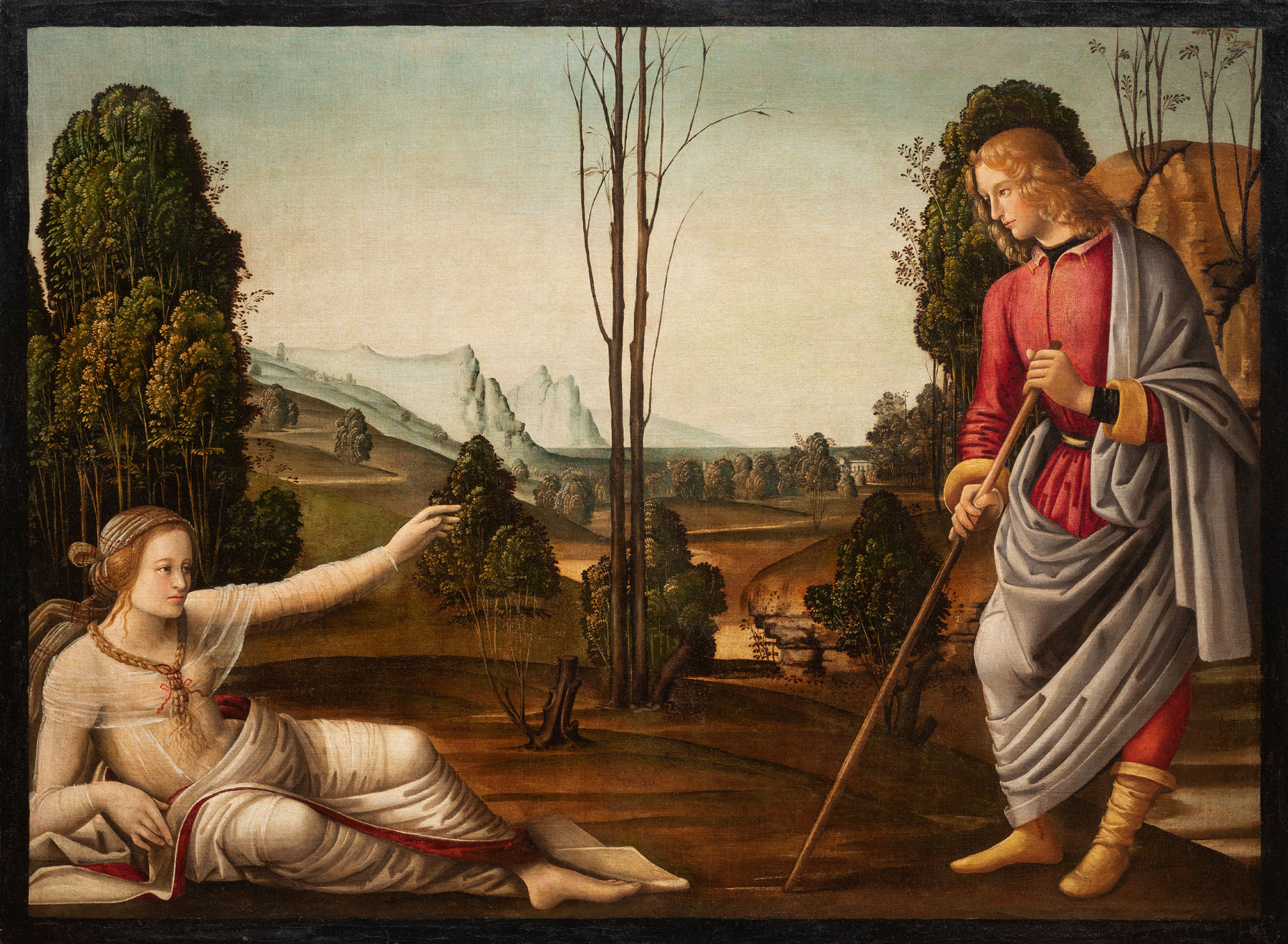 Johannes Hispanus, Storia di Cimone ed Efigenia (dalla novella di Boccaccio): incontro di Cimone ed Efigenia (1495 circa; olio su tela, 106 x 140,5 cm; Londra, Collezione privata)
