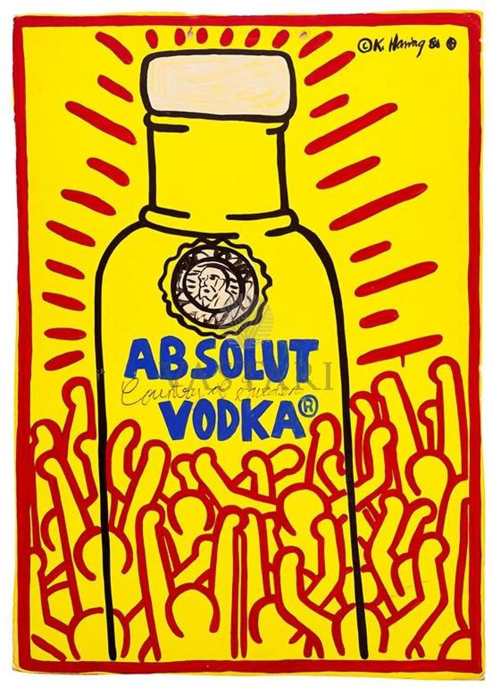 Keith Haring, Absolut vodka (1986; litografia stampata a colori, 54 x 38 cm; Amsterdam, Moco Museum) 
