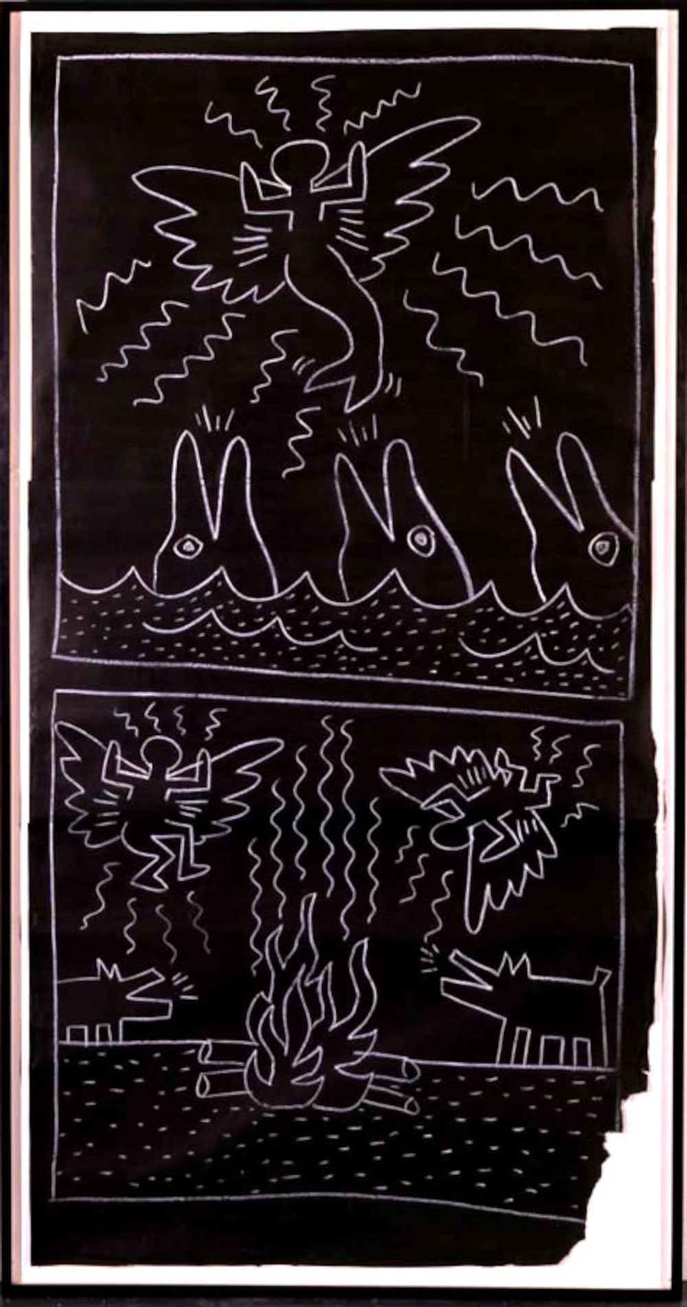 Keith Haring, Senza titolo (1982; gesso su carta, 223,52 x 114,3 cm; New York, The Keith Haring Foundation) 
