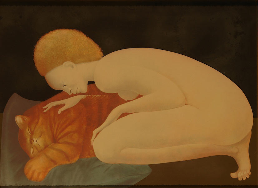 Leonor Fini, Figura con gatto (anni Settanta; litografia, 52 x 74 cm; Trieste, Collezione privata) © Marianna Accerboni
 Leonor Fini, Figura con gatto (anni Settanta; litografia, 52 x 74 cm; Trieste, Collezione privata) © Marianna Accerboni
