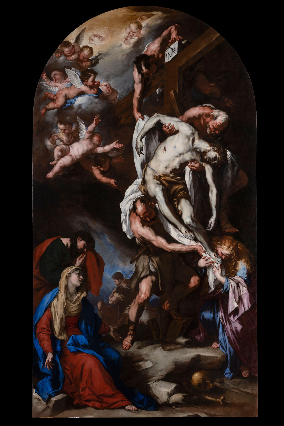 Luca Giordano,Deposizione di Cristo dalla Croce (1665 circa) © G.A.VEArchivio fotografico, foto prima e dopo il restauro di Matteo De Fina,su concessione del Ministero della Cultura - allerie dell’Accademia di Venezia
