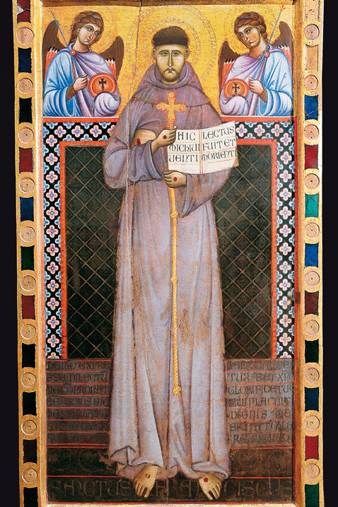 Master of St. Francis, St. Francis between two angels (ca. 1255; tempera, gold and stained glass on panel; Santa Maria degli Angeli, Portiuncula Museum)