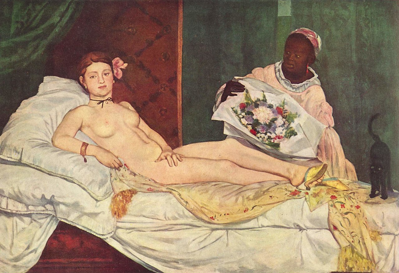 Édouard Manet, Olympia (1863; olio su tela, 130,5 x 190 cm; Parigi, Musée d'Orsay) Édouard Manet, Olympia (1863; olio su tela, 130,5 x 190 cm; Parigi, Musée d'Orsay)
