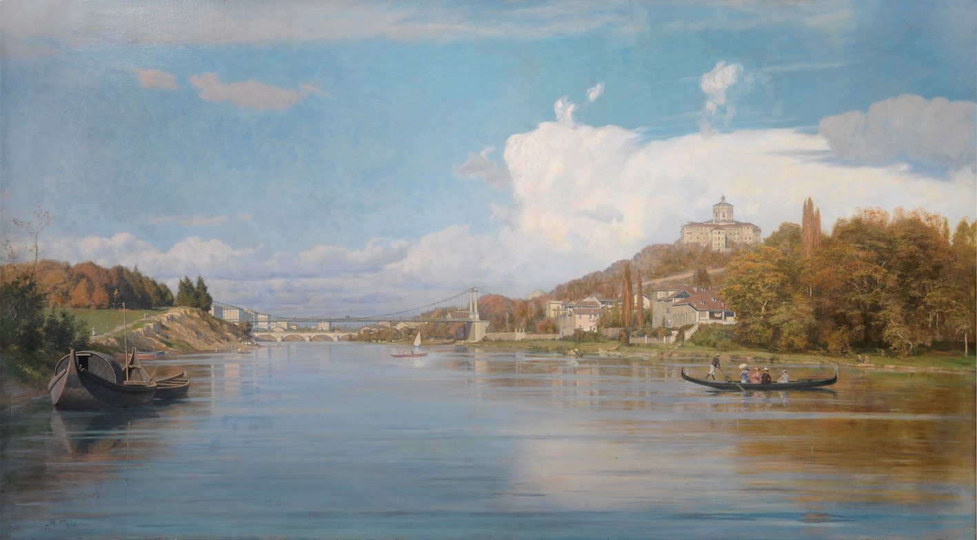 Marco Calderini, Il Po a Torino (olio su tela, 120 x 228 cm). Presentato da Galleria Carlo Virgilio & C.

