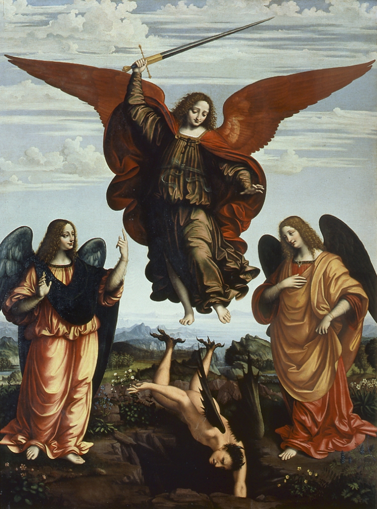 Marco d'Oggiono, The Three Archangels (1516; oil on panel, 255 x 190 cm; Milan, Pinacoteca di Brera, inv. 447)