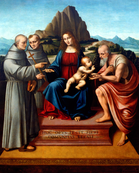 Marco dOggiono, Madonna Enthroned with Child, Saint Jerome, Saint Bernardine of Siena and Saint John of Capestrano (c. 1524; oil on canvas originally on panel, 177 x150 cm; Milan, Museo Diocesano)
