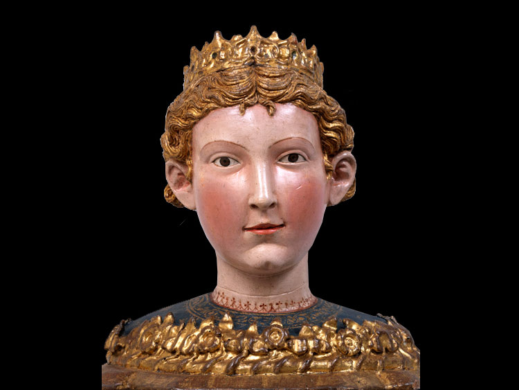 Mariano d'Agnolo Romanelli, Reliquary bust of a saint, possibly St. Ursula (1380-1390; carved and painted wood; San Gimignano, Musei Civici, Pinacoteca)