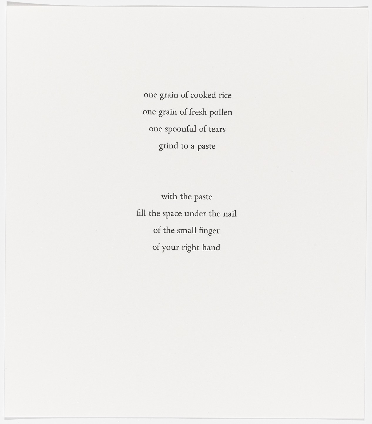 Marina Abramović, Senza titolo, da Spirit Cooking (1996; acquatinta, 31,5 x 27,8 cm; New York, MoMA)
 Marina Abramović, Senza titolo, da Spirit Cooking (1996; acquatinta, 31,5 x 27,8 cm; New York, MoMA)