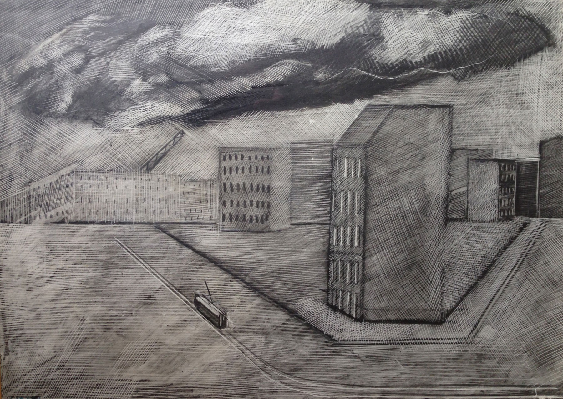 Mario Sironi, Periferia (1940 circa; tempere e pastelli ad olio su carta). Presentato da Aleandri Arte Moderna
